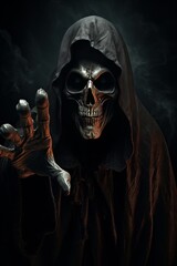 Grim reaper in hooded cloak reaching out. Dark and eerie concept for Halloween
