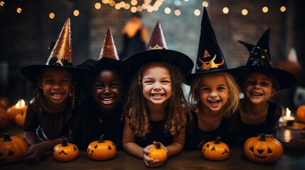 Group of children in witch costumes with pumpkins, smiling and laughing.