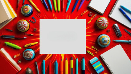 Frame of office supplies on a red background Flat lay view above copy area with blank center for pasted text.