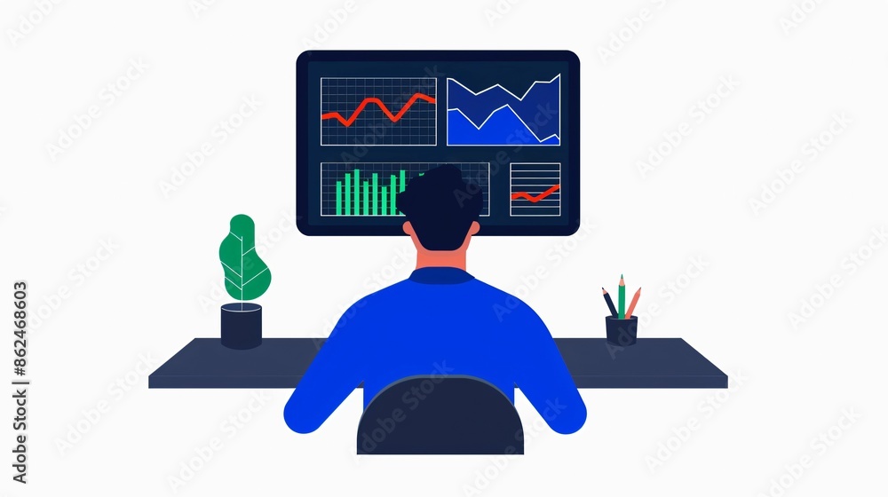 Poster illustration of a person analyzing data on a computer screen with charts and graphs, highlighting bu