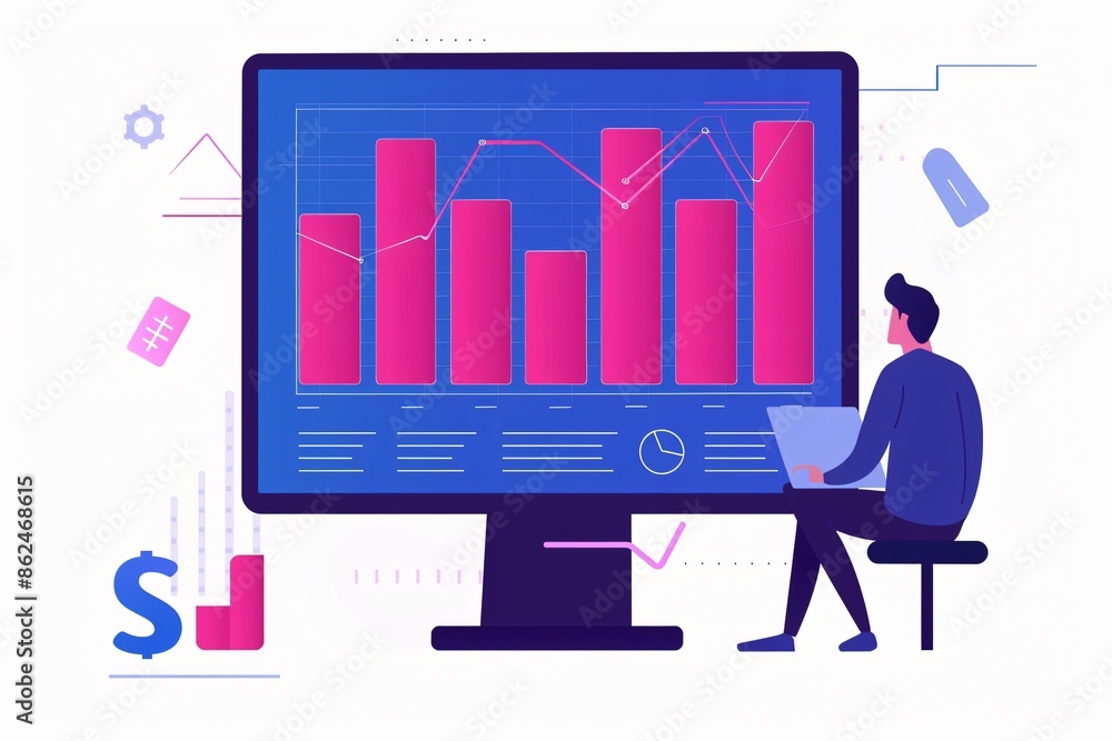 Poster illustration of a person analyzing data on a large computer monitor, featuring graphs and charts in 