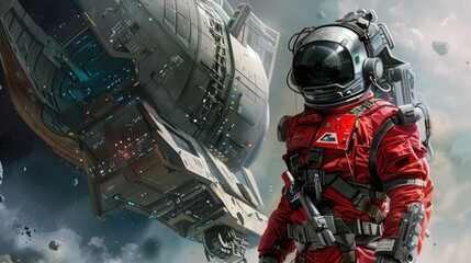 Fototapeta premium Astronaut robot in red suit in front of a spaceship. science fiction art. Space fantasy image with astronaut with copy space