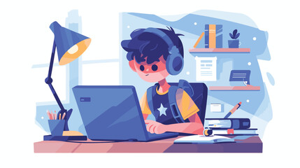 Online education. School work boy learn computer