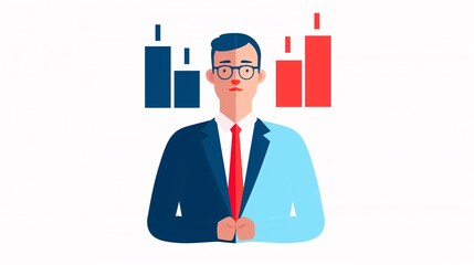 Illustration of a professional business person in a suit with red and blue bar charts in the background, symbolizing data analysis and growth.