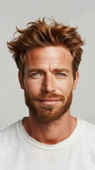 Obraz premium Close-up portrait of a young man with a beard, wearing a white shirt and looking directly at the camera