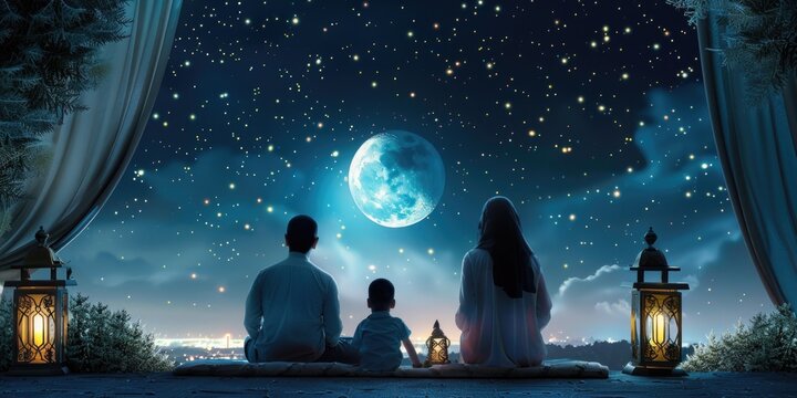 Back view of muslim family view moon islamic ramadan mubarak night, eid greetings, chand raat mubarak