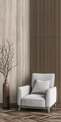 Minimalist apartment interiors in earthy tones with beige panels and minimal furniture. Luxury residential Real Estate composition for advertising.