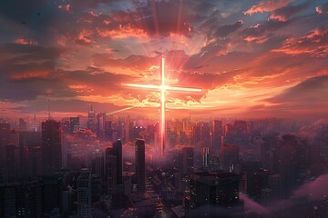 Sunset over the city with light cross above city. 3D render. Conceptual image