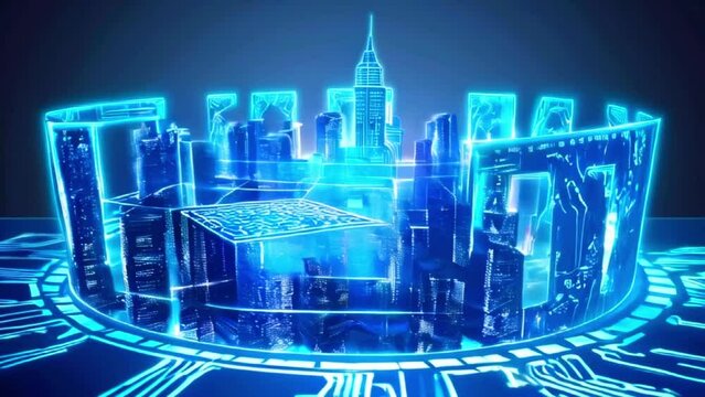 A glowing blue and white futuristic city surrounded by a circular digital interface.
