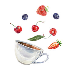 Cup of tea and berries. Cherry, strawberry, blueberry. Hand drawn watercolor illustration isolated on white background. For greeting cards, invitations, labels, covers, banners.
