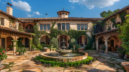 Obraz premium A Mediterranean villa with a courtyard fountain and vine-covered pergolas