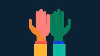Illustration of two colorful hands raised high against a dark background, symbolizing unity, support, and cooperation.