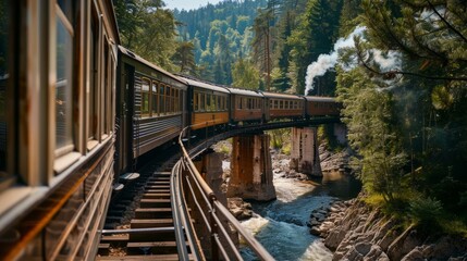 Obraz premium Crossing a towering bridge over a rushing river a historic steam train making its way through a scenic landscape.