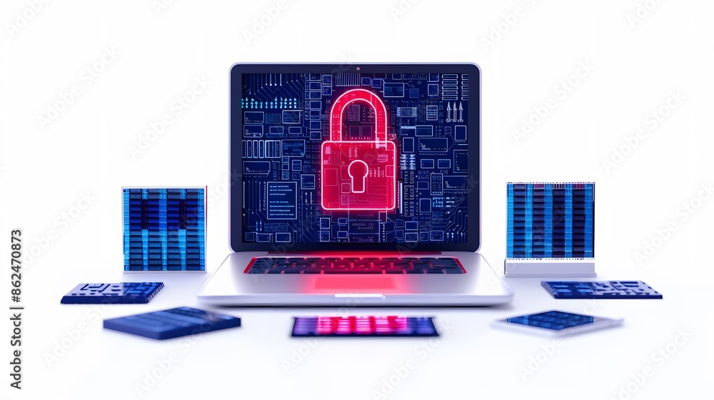 Aufkleber laptop displaying a red digital padlock symbolizing cyber security, surrounded by various devices. a