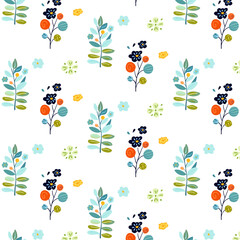 Folk Seamless pattern featuring plants, flowers, and woodland berries in bright, vibrant colors. Ideal for spring designs, textile and wallpapers. Captures fresh playful vibe folk art influences