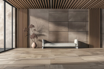 Minimalist apartment interiors in earthy tones with beige panels and minimal furniture. Luxury residential Real Estate composition for advertising.