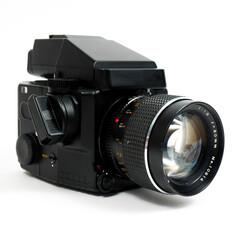 Isolated view of a Vintage 80s Medium format 6x4.5 Reflex SLR camera on a white background
