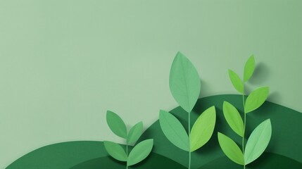 Fototapeta premium Minimalist green paper cutout design with abstract plant shapes on gradient background, perfect for eco-friendly and nature-themed projects.