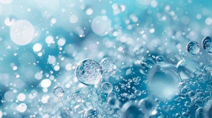 Crystal-clear water droplets cling to a bright blue surface (macro illustration)