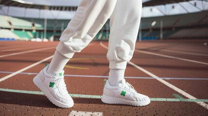 Women's legs in sweatpants, white socks and white sneakers with green elements against the background of the track with markings in the stadium.
