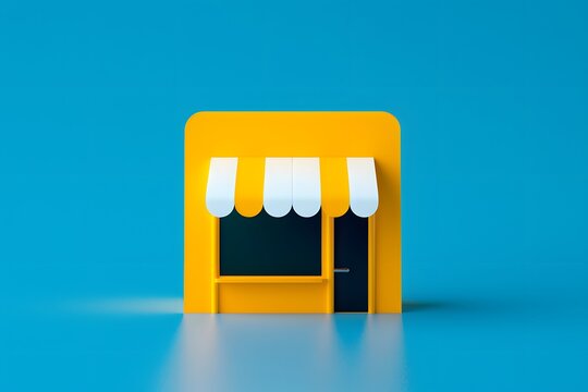 Minimalist yellow small shop model with white awning on blue background, representing retail and small business concept.