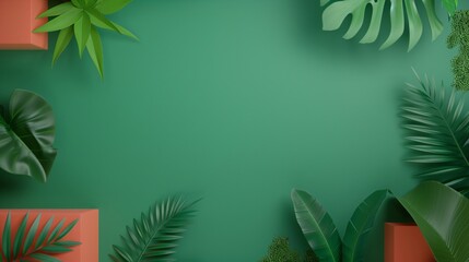 Minimalistic green background with tropical leaves and orange boxes. Perfect for nature-themed designs or presentations.