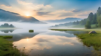 Fototapeta premium The misty Lacu Rosu Lake picture in the morning. A misty summer sunrise in Romania's Harghita County, Europe. Background of the idea of the beauty of nature.