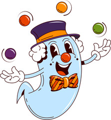 Cartoon groovy Halloween ghost clown character for horror night holiday, vector funky boo. Groovy funny ghost in clown hat juggling balls, cartoon character for Halloween trick or treat party