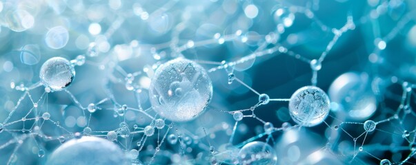 Crystal-clear water droplets cling to a bright blue surface (macro illustration)