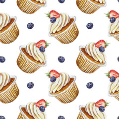 Muffins and blueberries seamless pattern. Hand drawn watercolor illustration isolated on white background. For wrapping paper, textiles, fabric, covers, wallpaper, scrapbooking.