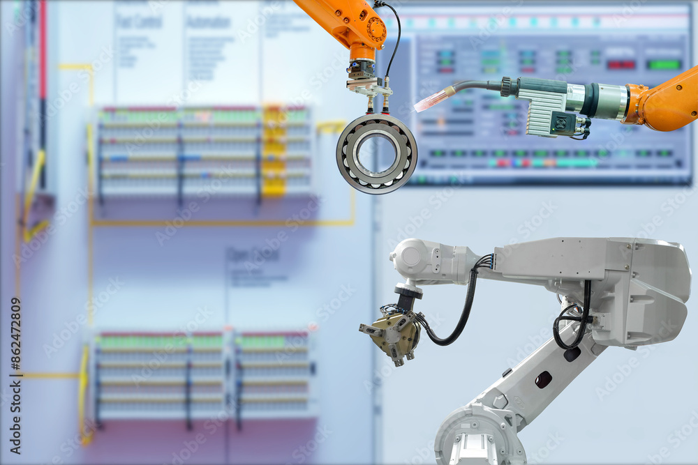 Aufkleber modern technology with industrial automation gripping robot and welding robot are working with metal