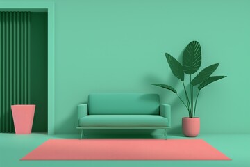 Modern minimalistic green living room interior with a stylish sofa, potted plant, and pink accents. Elegant home decor.