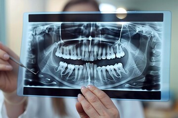 close-up shot of a doctor's hand holding a teeth X-ray, focusing on the detailed image of the teeth and dental structure.