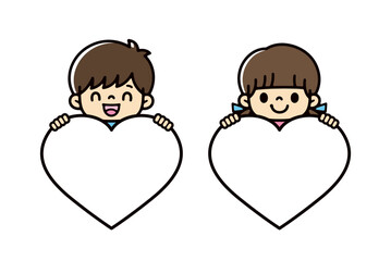 テキスト、バナー、広告用のハート型のバナーを持つかわいい男女の子供たちのイラストセット