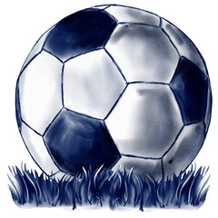 Naklejka premium A soccer ball lies on the grass. Watercolor illustration in blue. Front view.