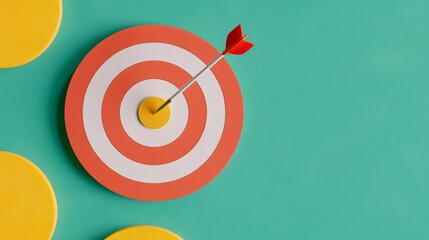 Orange dart hitting the bullseye on a red and white target against a teal background, symbolizing accuracy and success.