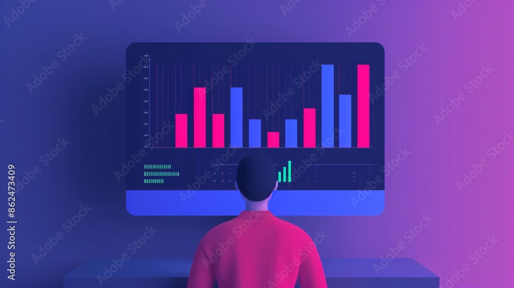 Poster person analyzing data on a computer screen displaying colorful bar graphs and statistics in a modern