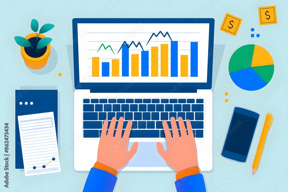 Poster person analyzing data on a laptop with charts and graphs, featuring financial elements like money an