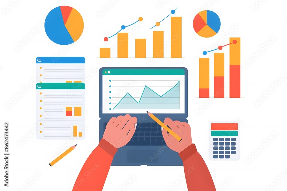 Poster person analyzing data on a laptop with charts and graphs. concept of business analytics, data analys