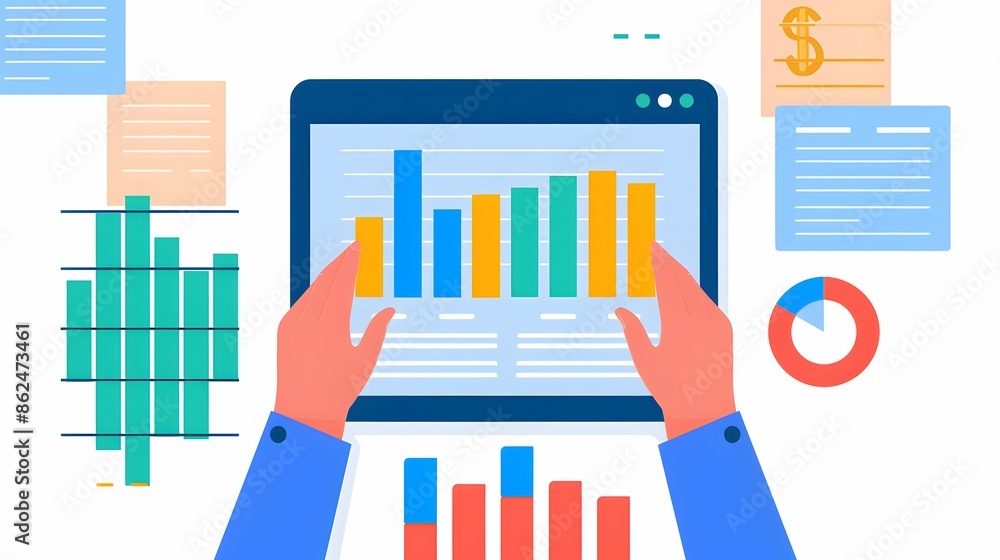 Poster person analyzing data on a tablet with colorful charts and graphs, representing statistical analysis