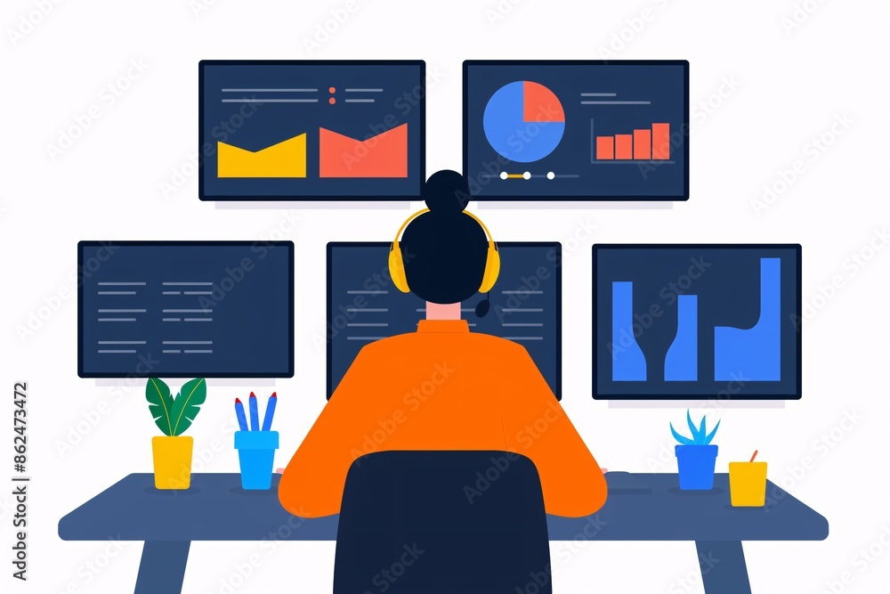 Poster person at a desk with multiple monitors analyzing data charts in a modern workspace environment. off