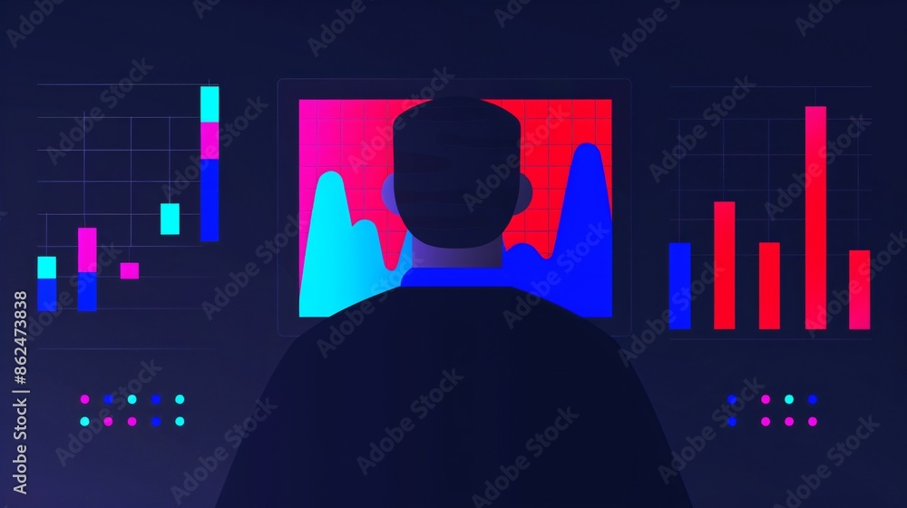 Poster silhouette of a person analyzing data on multiple screens displaying charts and graphs, representing