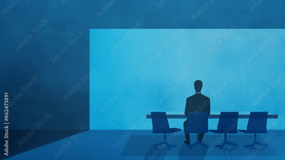 Wall mural silhouette of a person sitting at a conference table facing a large blue screen in a modern, minimal