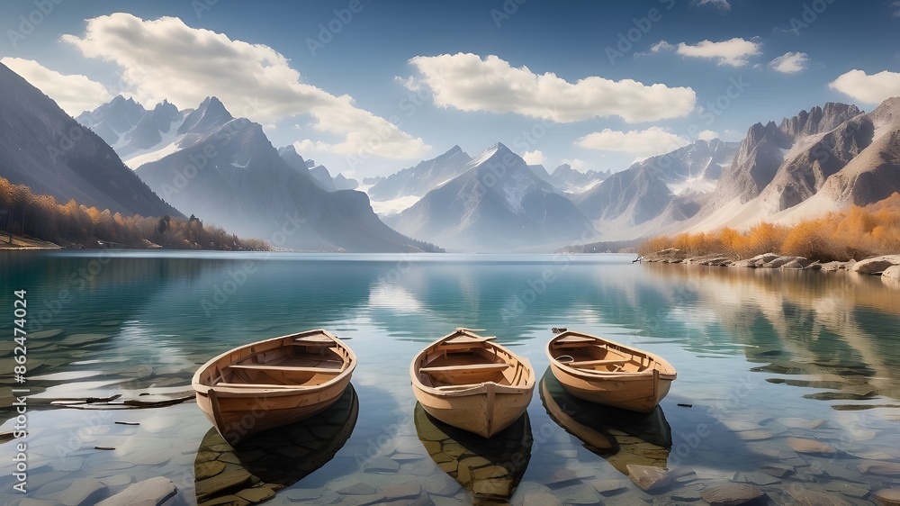 Poster rowboats anchored in a lake between a range of mountains