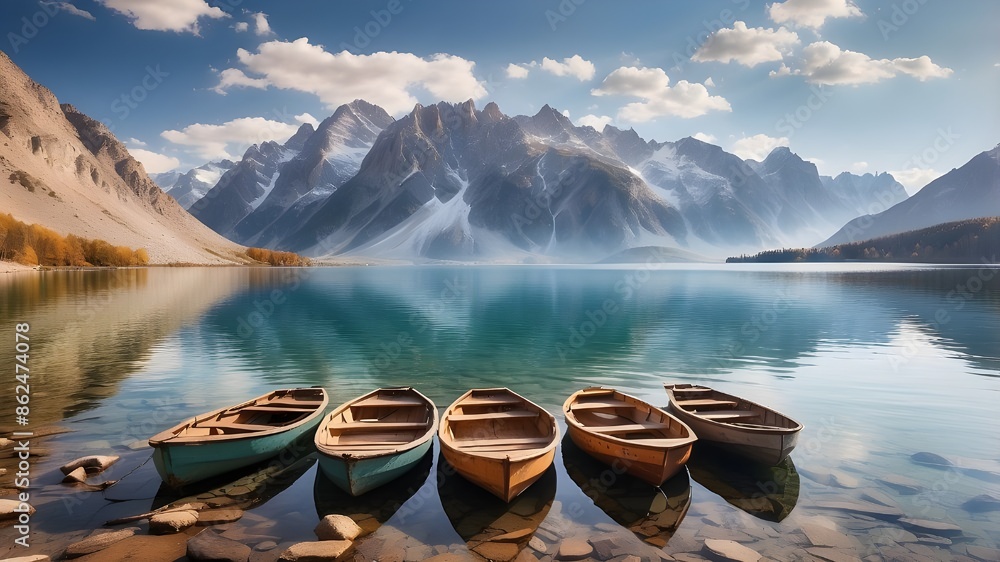 Poster rowboats anchored in a lake between a range of mountains