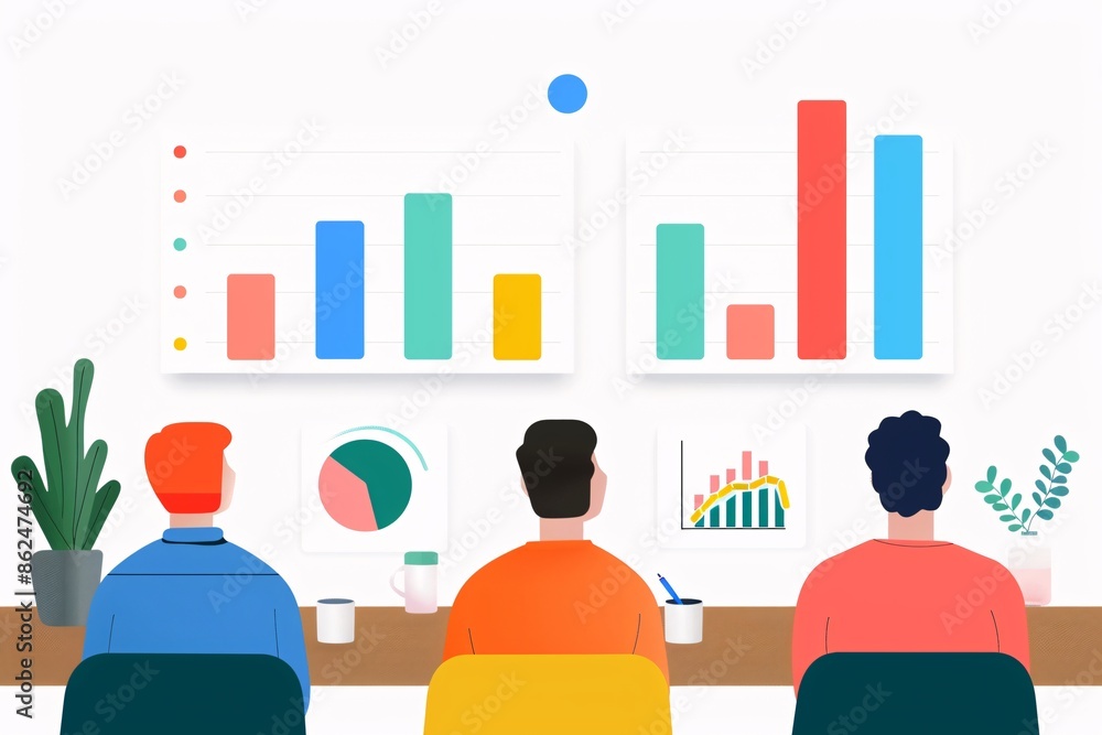 Poster three employees analyzing colorful charts and graphs on screens in a modern office setting, emphasiz