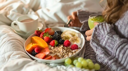 Obraz premium Person enjoying a gourmet breakfast in bed