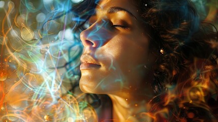 Portrait of beautiful young woman with long curly hair and blue smoke