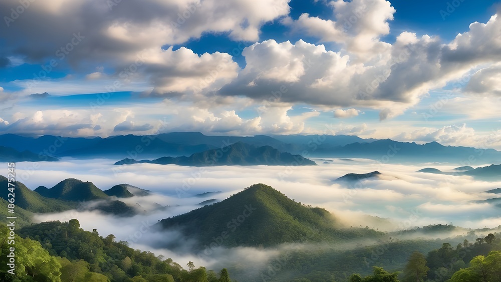 Poster gorgeous view of a cloud-filled mountain forest layer in the wild. with a backdrop of mountains and 