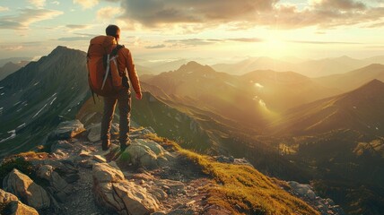 Fototapeta premium Person hiking at sunrise on mountain ridge